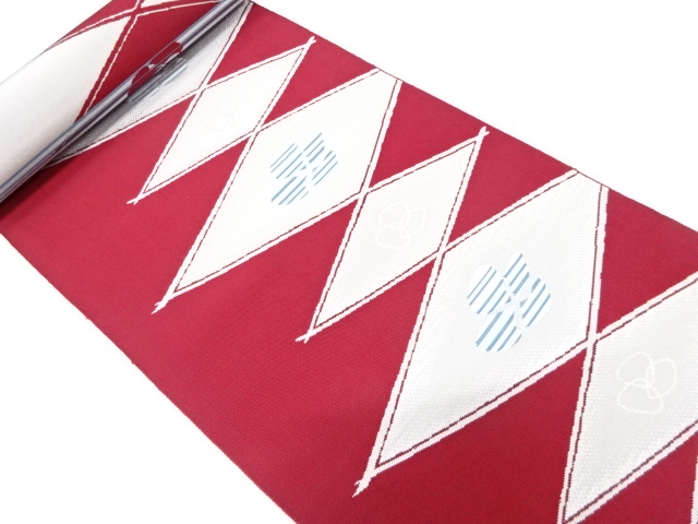 JAPANESE KIMONO / ANTIQUE BOLT FOR HASSUN OBI / WOVEN RHOMBUS & FLOWER